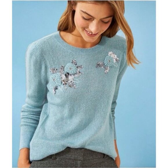 Loft Sweater Women XS Blue Green Fuzzy Knit Puff Sleeve Jewel Crochet Pullover - Picture 1 of 10